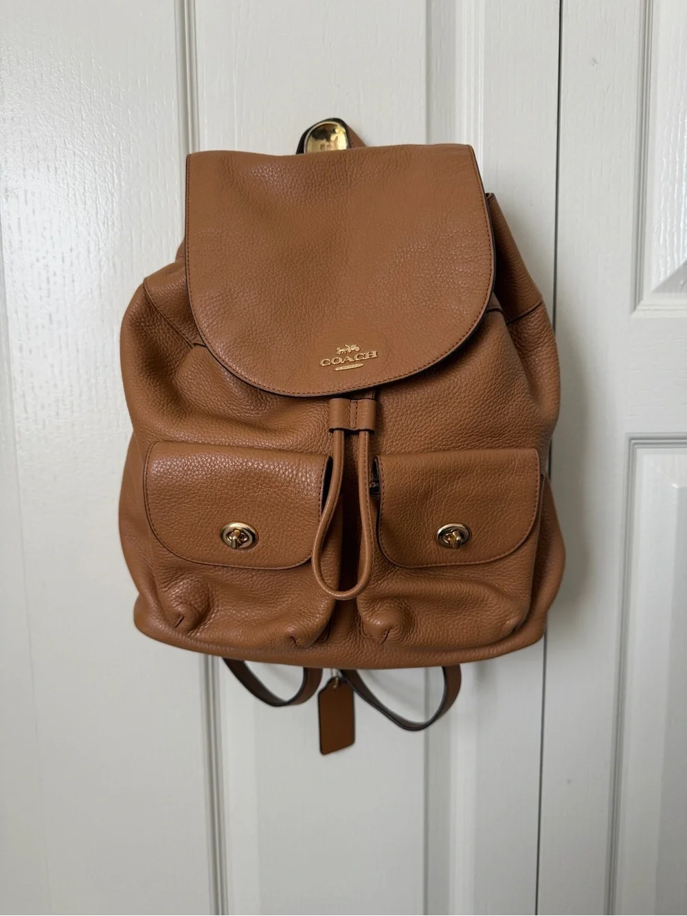 Coach Brown Leather Drawstring Backpack with Gold Hardware